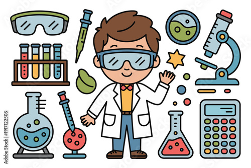 Cartoon boy scientist surrounded by various lab equipment representing science.