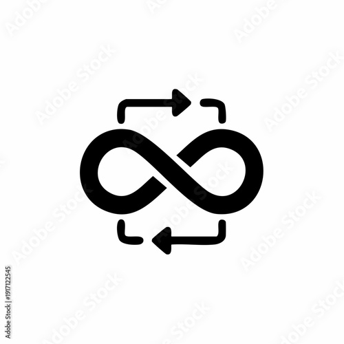 Dynamic illustration showcasing a central infinity symbol balanced by two opposing arrows, emphasizing continuous motion and harmony, viewed from a front perspective on a minimalist white canvas.