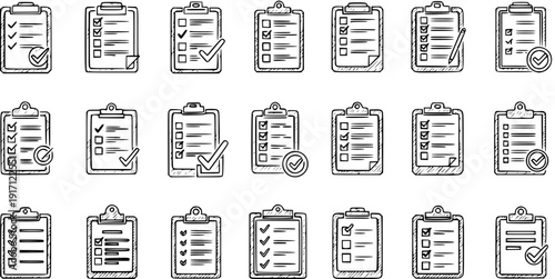 Checklist  Clipboard Icons: Hand-Drawn Vector Set