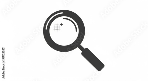 A minimalist magnifying glass icon with a grid and plus sign inside the lens, symbolizing search and precision.