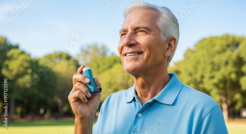 Senior Man with Asthma Inhaler in Park - Elderly Respiratory Health Breathing Treatment Outdoor Wellness Management