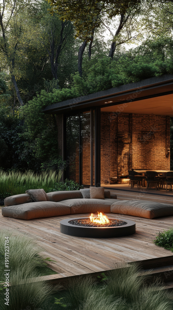 Fototapeta premium A traditional wooden house with a table in the garden surrounded by trees and grass under the summer sky
