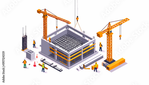 Construction Site Isometric Illustration with Workers and Cranes