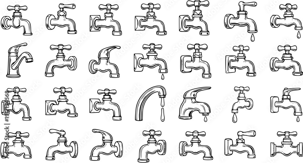 Fototapeta premium Faucet Collection Vector: Hand-Drawn Water Taps, Plumbing Fixtures, Sanitary Engineering Sketches