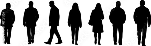 Silhouettes of four men walking in profile against a white background figures
