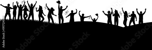 Silhouettes of people celebrating on a hilly landscape illustration untitled
