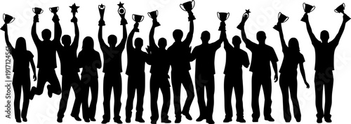 Silhouettes of Diverse People Celebrating with Trophies on White Background illustration untitled
