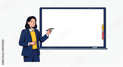Professional woman presenting on a blank interactive whiteboard.