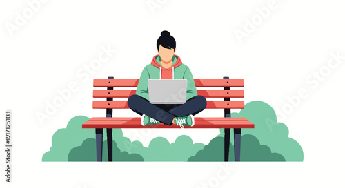 Young woman working on laptop outdoors on a park bench.