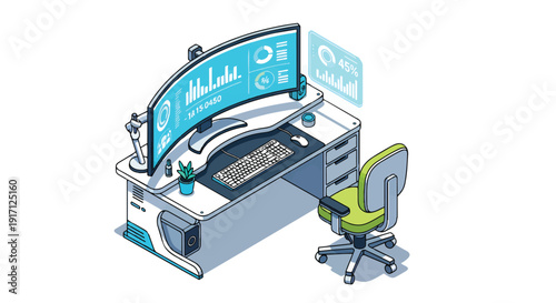 Isometric illustration of a modern computer workstation with a curved monitor.