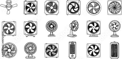 Hand-drawn Doodle Style Collection of Various Fan Types: Ceiling, Square Box, Round, Desk, and Tower Fans for Cooling and Ventilation