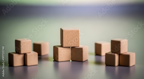 Wooden cubes representing leadership arrangements placed using shallow focus and neutral soft blurred background.