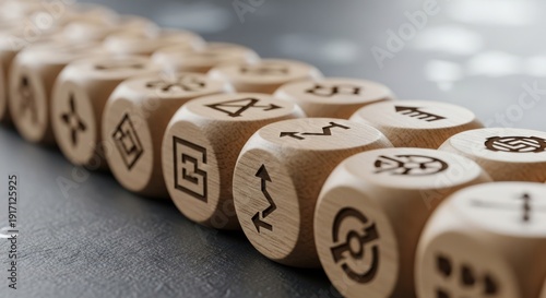 Wooden cubes representing strategic pathway icons placed precisely using shallow focus and faint softly blurred surroundings.
