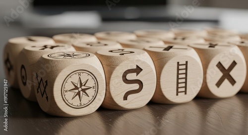 Wooden cubes representing strategic pathway icons placed precisely using shallow focus and faint softly blurred surroundings.