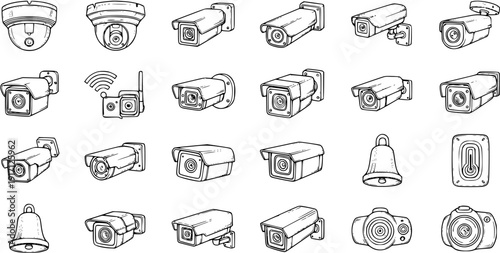 Detailed hand-drawn vector set of security and surveillance cameras in various styles, including CCTV, dome, bullet, and box types, alongside traditional bells and digital cameras.