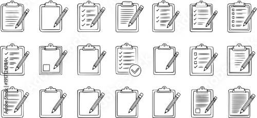 Sketch Clipboard Icons: Hand-Drawn Checklist and Pencil Graphics