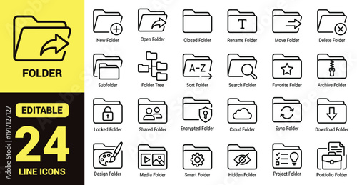 Folder icons set line style with file management symbols, new folder, rename, move, delete, encrypted, cloud sync, smart folder and project storage outline pack