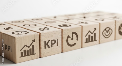 Wooden cubes showing KPI tracking symbols arranged carefully with precise focus and softly blurred white background.