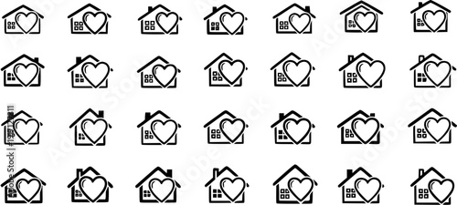 Seamless Pattern of Black House and Heart Icons on White Background, Symbolizing Love Home, Real Estate, Family, Community, and Care Concepts. Ideal for Design Backgrounds.