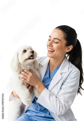 Young caucasian veterinarian in a white lab coat cradling a fluffy havanese dog, laughing joyfully against a high-key transparent background with copy space. Concept of animal bonding and trust