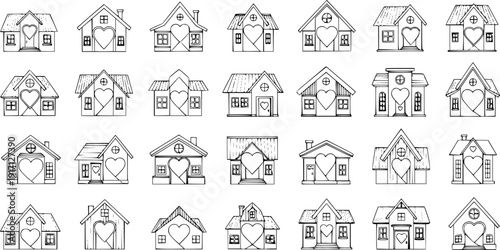 Set of 30 hand-drawn outline houses with heart symbols, representing home, love, and real estate. Doodle vector collection for Valentine's Day, family, and warmth.