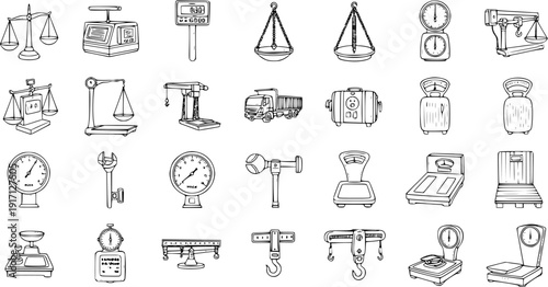 Set of Doodle Style Weighing Scales Illustrations: Variety of Measuring Devices