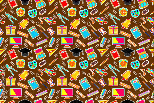 School equipment stationery pattern.  School supplies seamless pattern. School attributes seamless pattern. School accessories pattern background. Back to school banner design.