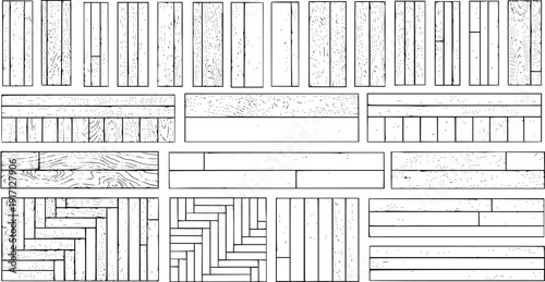 Set of various wood floor and parquet patterns, plank layouts, and hardwood designs, abstract black and white vector illustration for interior or architectural design.