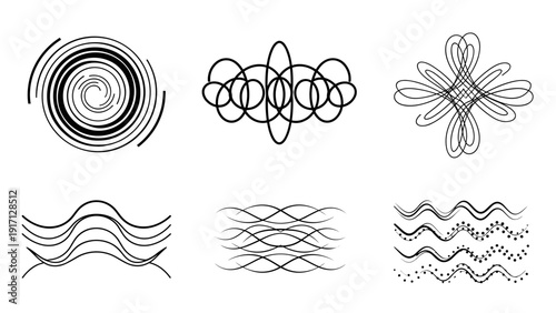Collection of various black line art designs and patterns