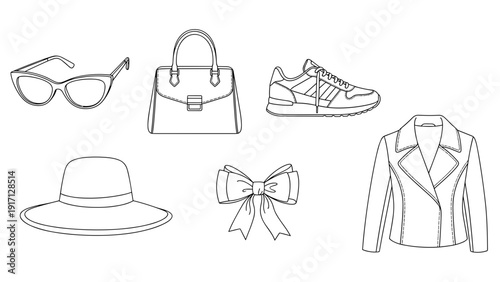 Fashion accessories and clothing items including hat, bow, jacket, shoes, handbag and glasses