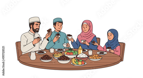Illustration of a Muslim family sharing a meal together at a round wooden table with various dishes and desserts in a warm and inviting setting.