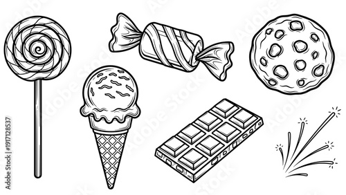 A set of sweet treats including lollipop ice cream candy and chocolate