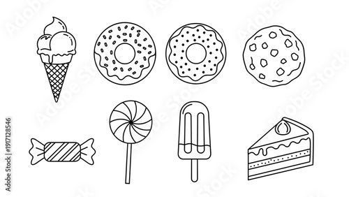 A set of sweet treats including ice cream cone, donuts, cookie, candy, lollipop, popsicle and cake