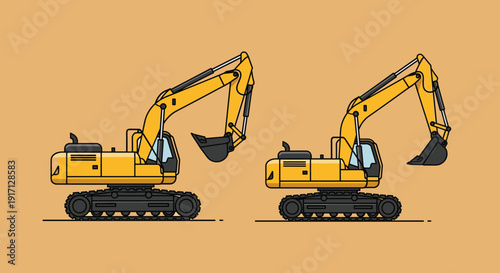 Yellow Excavators Side View Illustration.