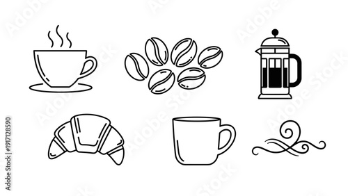 Vector line art icons of coffee cup, croissant, coffee beans and french press