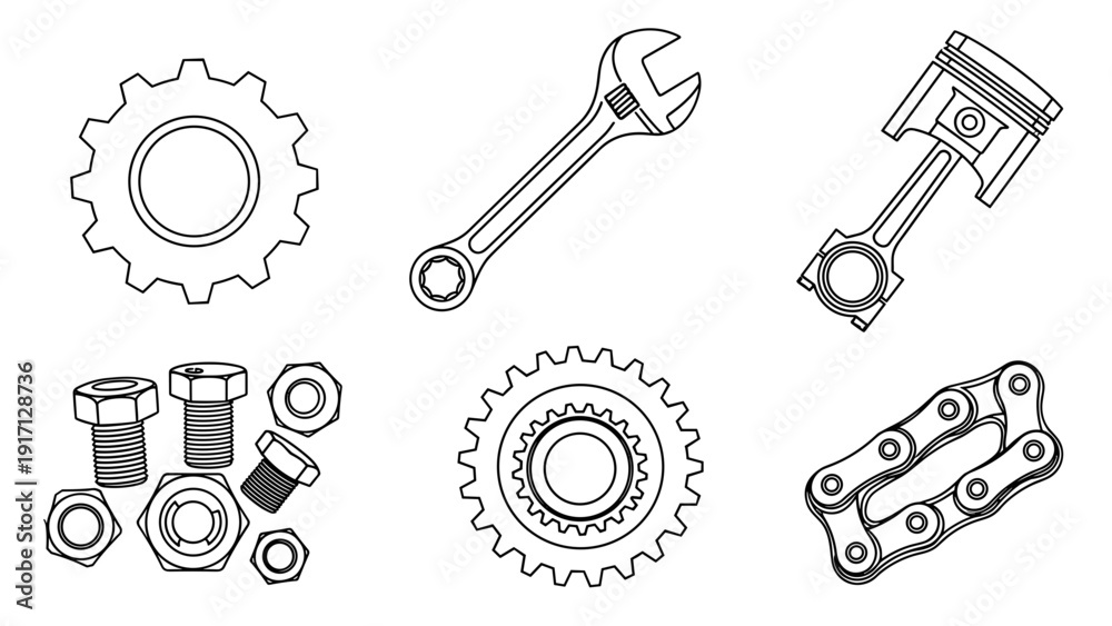 Fototapeta premium Collection of various mechanical tools and parts including gears, wrench, piston, and bolts