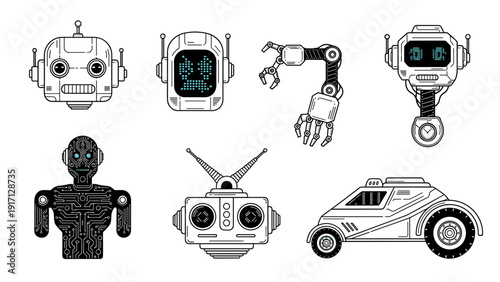A set of futuristic robot and vehicle illustrations