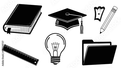 Black and white illustration of various school and education icons