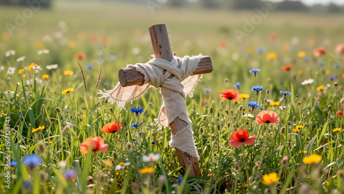 Wooden cross wrapped in linen, standing in a vibrant flower meadow during daylight