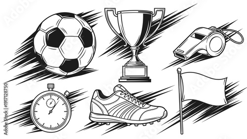 Black and white illustration of sports icons including soccer ball, trophy, racing car, stopwatch, cleat, and flag
