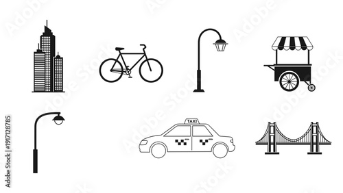 City transportation icons including taxi, bicycle, and street lamps