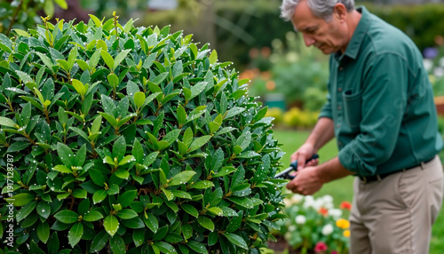 Man trimming a bush with water droplets in a colorful garden background