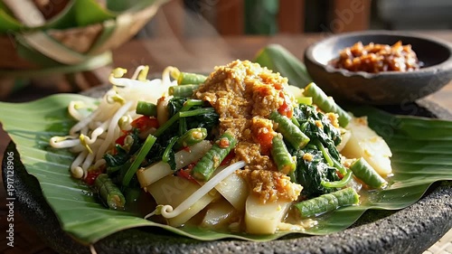 Vegetable dish with peanut sauce on banana leaf culinary presentation