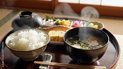 Traditional meal displayed on a wooden tray featuring rice soup and vegetables