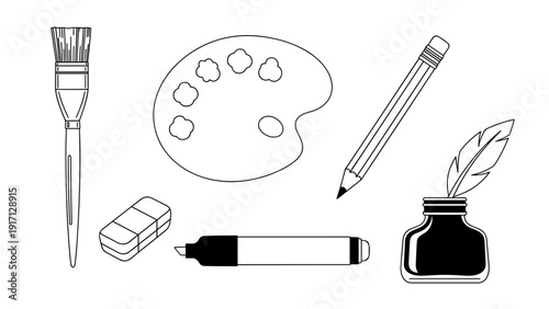 A collection of art supplies including a brush, palette, pencil, eraser, marker, and inkwell