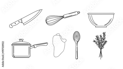 Black and white line drawings of various kitchen utensils and food ingredients