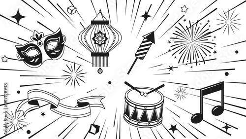 Black and white illustration of party objects and symbols with fireworks and music elements
