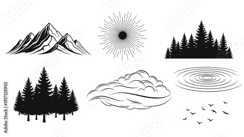 Black and white illustrations of nature icons including mountains, sun, trees, clouds, and water