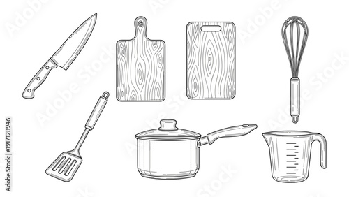 Kitchen utensils and tools for cooking and food preparation