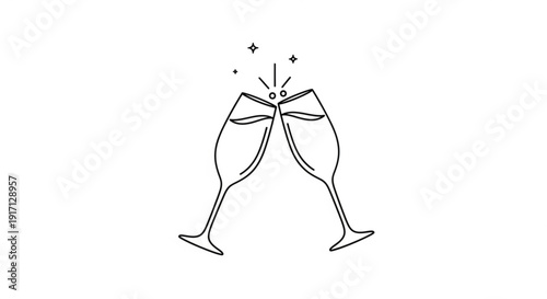 A minimalist line art illustration of two champagne glasses clinking together in celebration